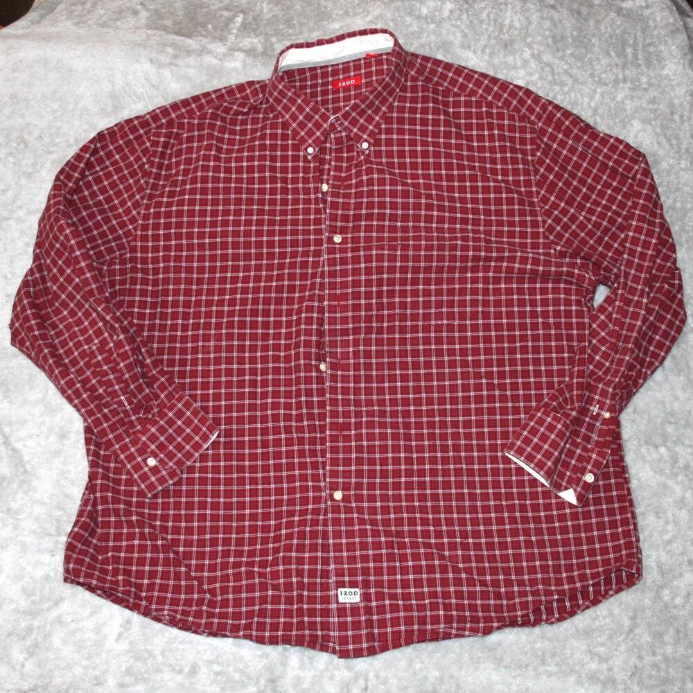 IZOD Shirt Mens 2XL Red Plaid Button Up Long Sleeve Pockets Cotton Flannel